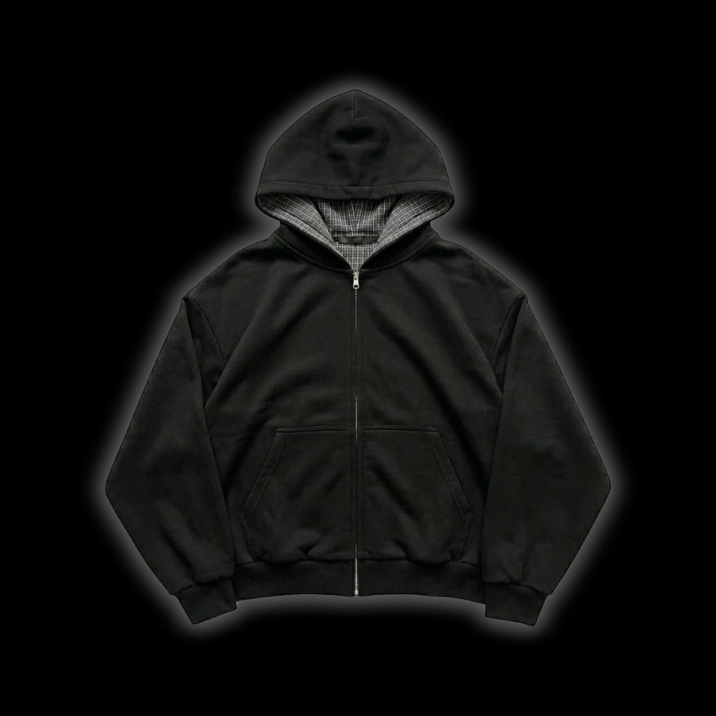 Contrast Plaid Boxy Zip Hoodie