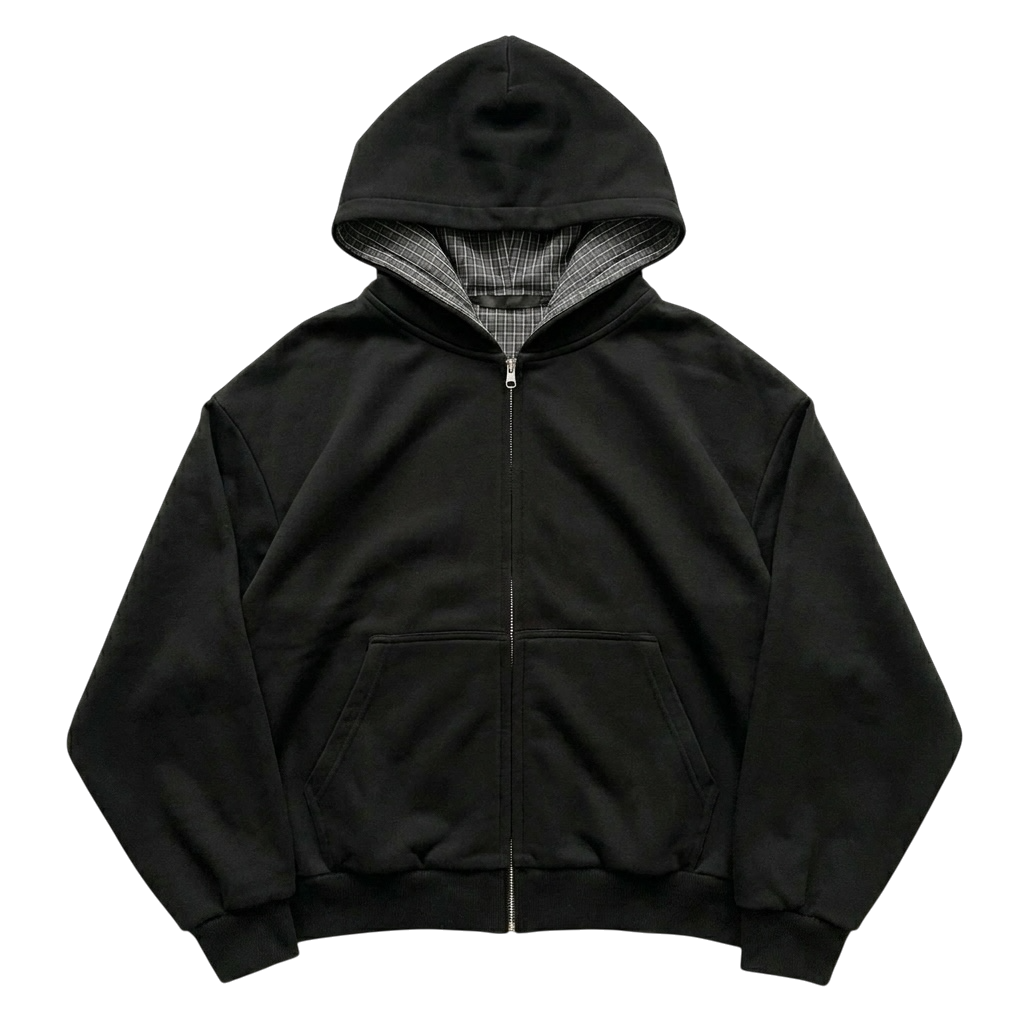 Contrast Plaid Boxy Zip Hoodie